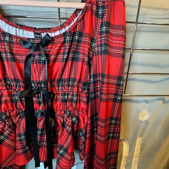 SHEIN Tops - NWOT Red Plaid Blouse with Black Bow Accents